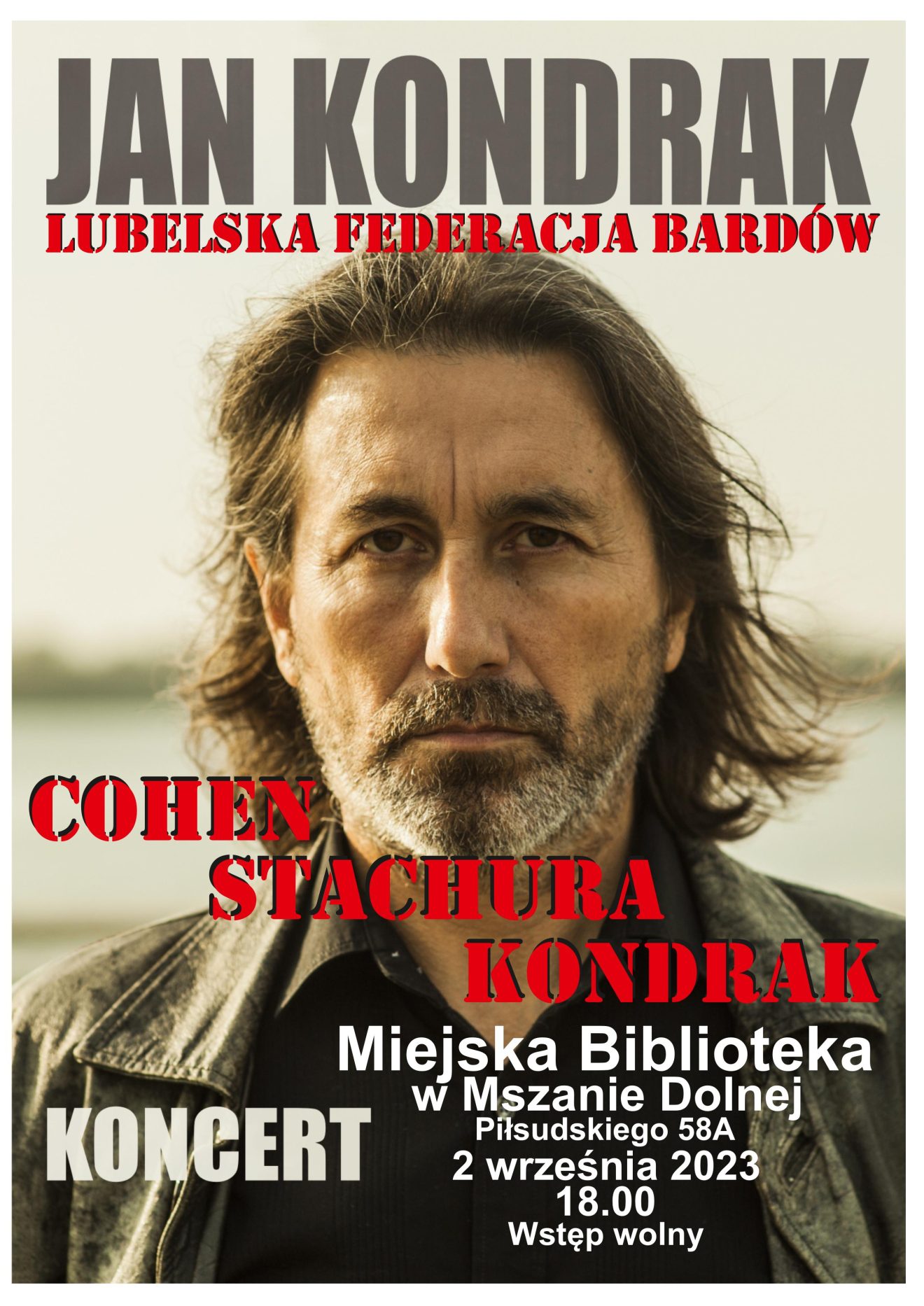 Plakat przedstawiający Jana Kondraka, promujący koncert który odbędzie się 2 września. 